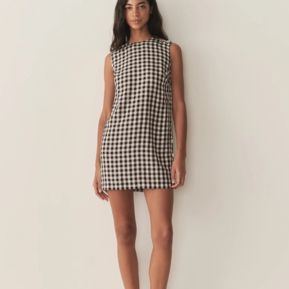 Doen Coralie Linen Button Sleeveless Mini Dress Marilyn Gingham Black White - Picture 2 of 12